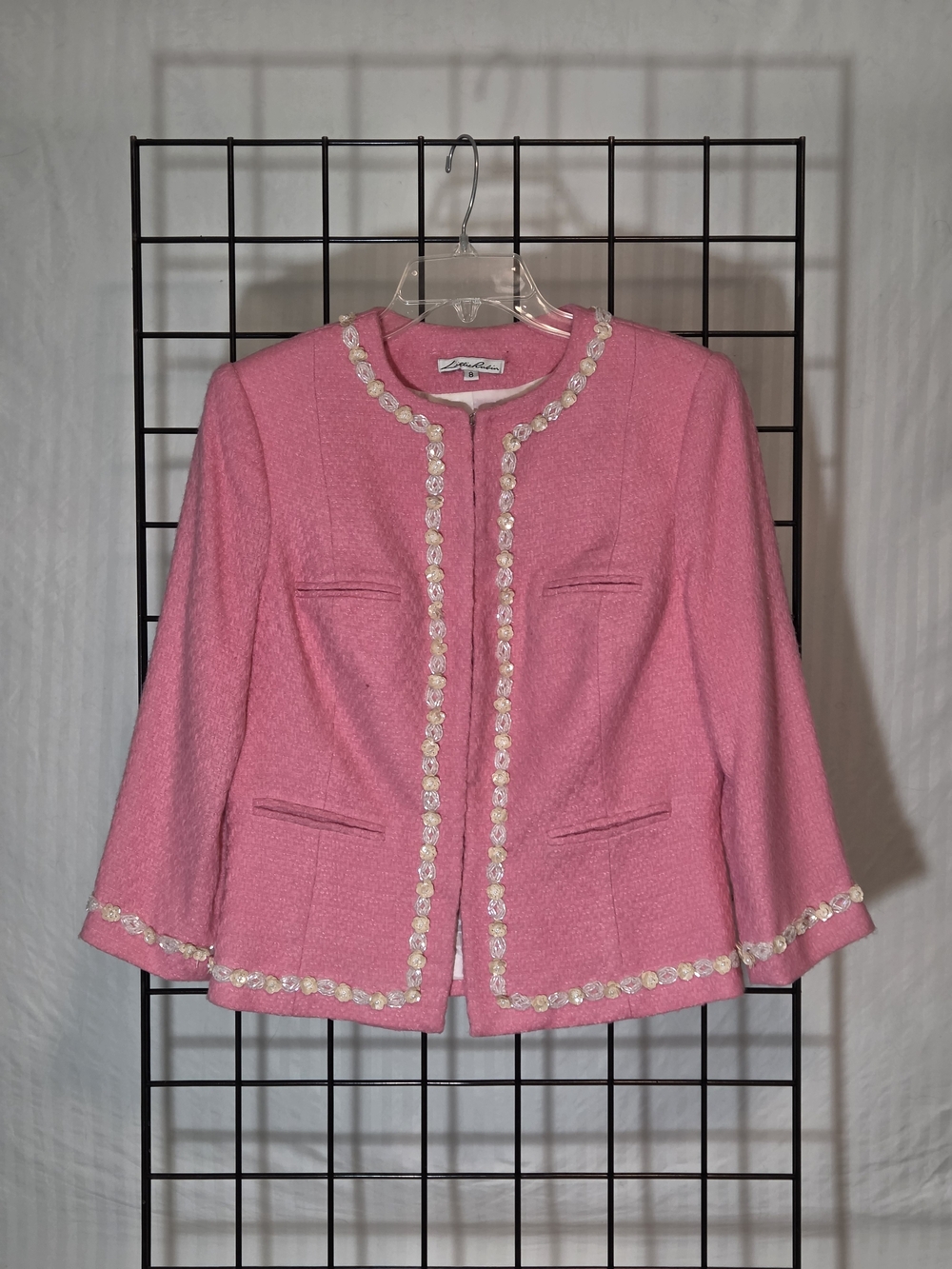 Elegant Pink Tweed Embellished Open-Front Jacket